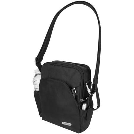 The Travelon Anti-Theft Classic Travel Bag by Travelon is a sleek black crossbody designed for secure travel. It boasts RFID blocking technology, multiple zippered compartments, an adjustable cut-proof shoulder strap, and a side pocket ideal for holding a water bottle.