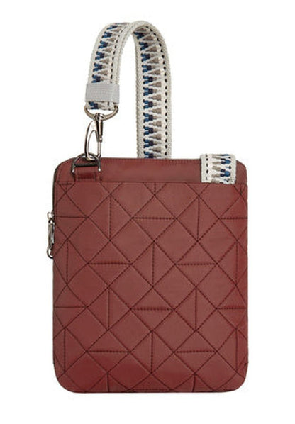 Travelon Boho Anti-Theft Slim Crossbody by Travelon is a square, quilted maroon bag with a thick white strap featuring blue stitching and silver hardware, designed with RFID blocking technology for enhanced security.