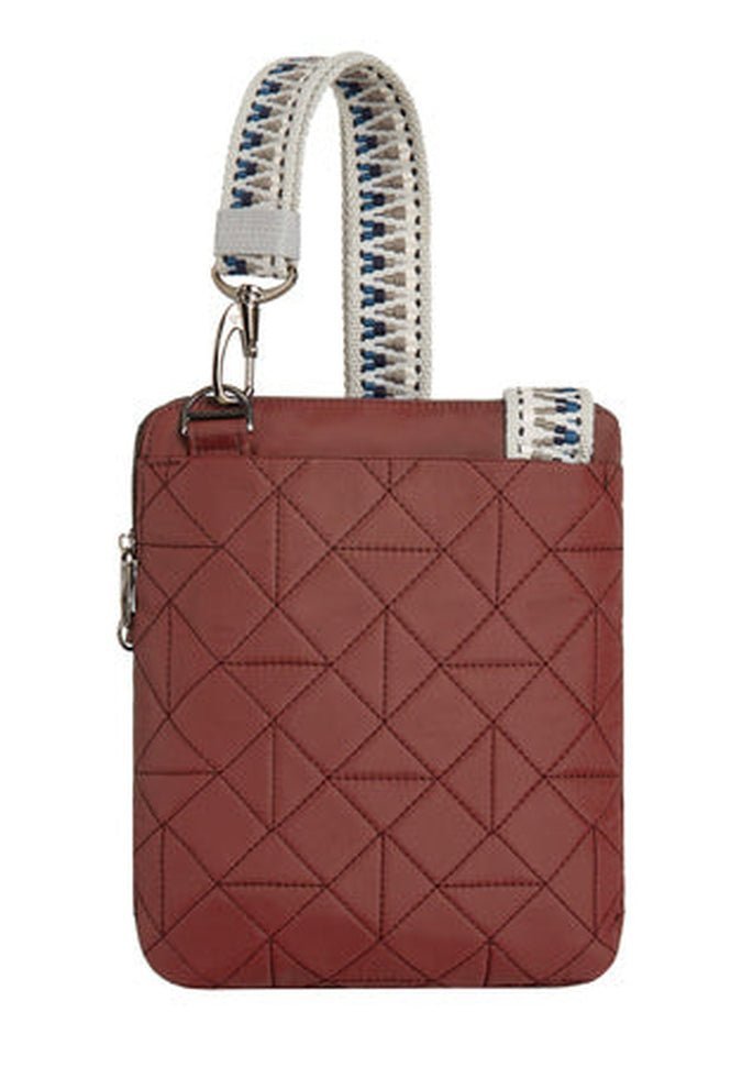 Travelon Boho Anti-Theft Slim Crossbody by Travelon is a square, quilted maroon bag with a thick white strap featuring blue stitching and silver hardware, designed with RFID blocking technology for enhanced security.