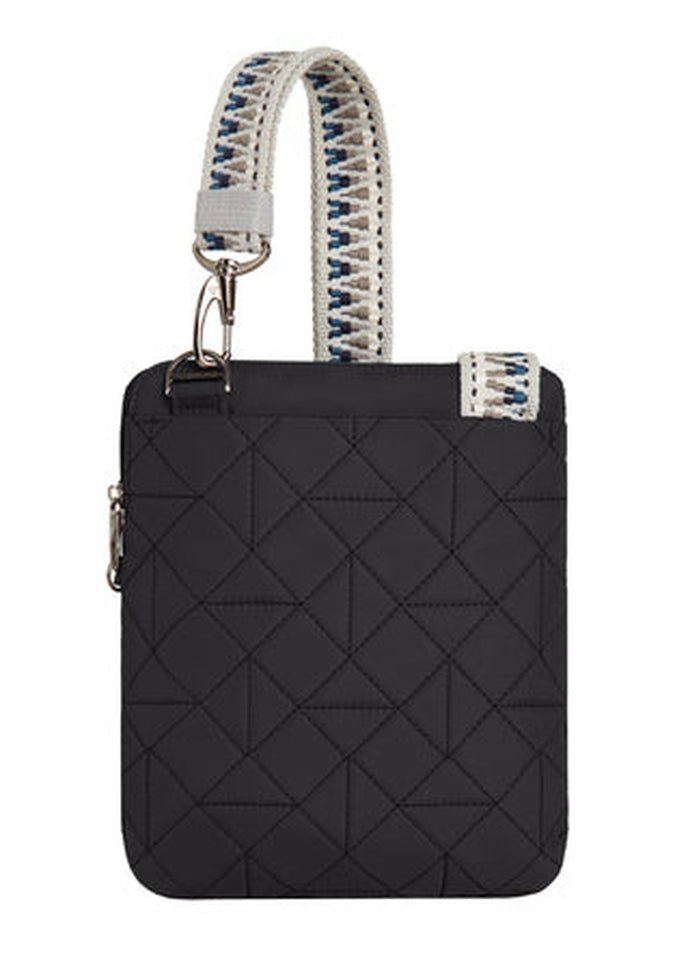 Introducing the Travelon Boho Anti-Theft Slim Crossbody: a black quilted bag with a detachable strap adorned with blue and white woven patterns. It features a 5-Point Anti-Theft security system and comes equipped with an RFID blocking organizer, ensuring your essentials are protected in style.