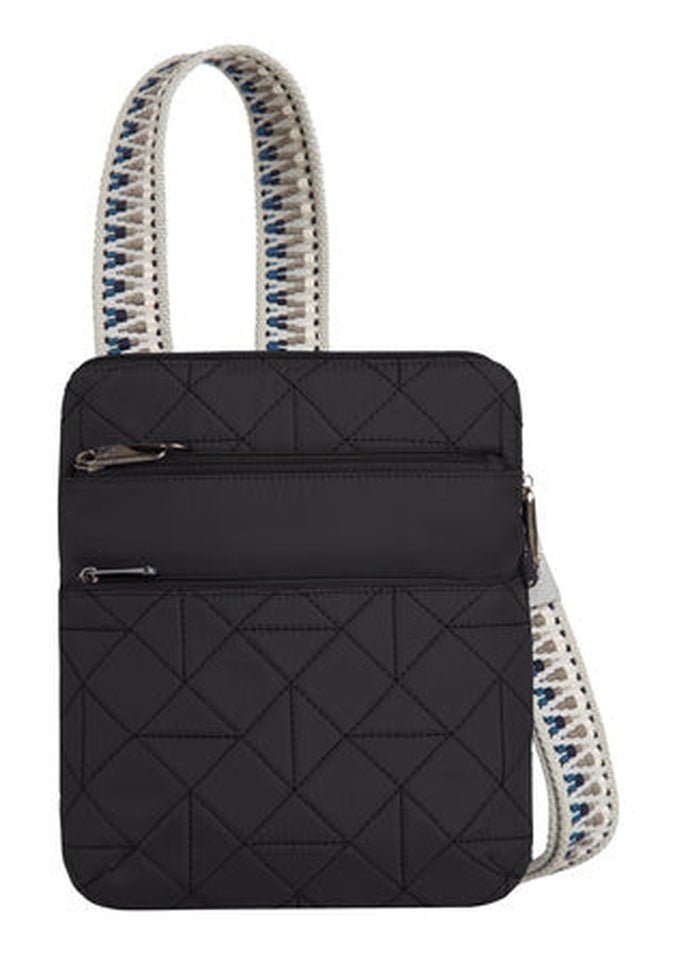 A Boho Anti-Theft Slim Crossbody bag by Travelon in black, equipped with a 5-Point Anti-Theft security system, featuring two zippered front pockets and a patterned shoulder strap.