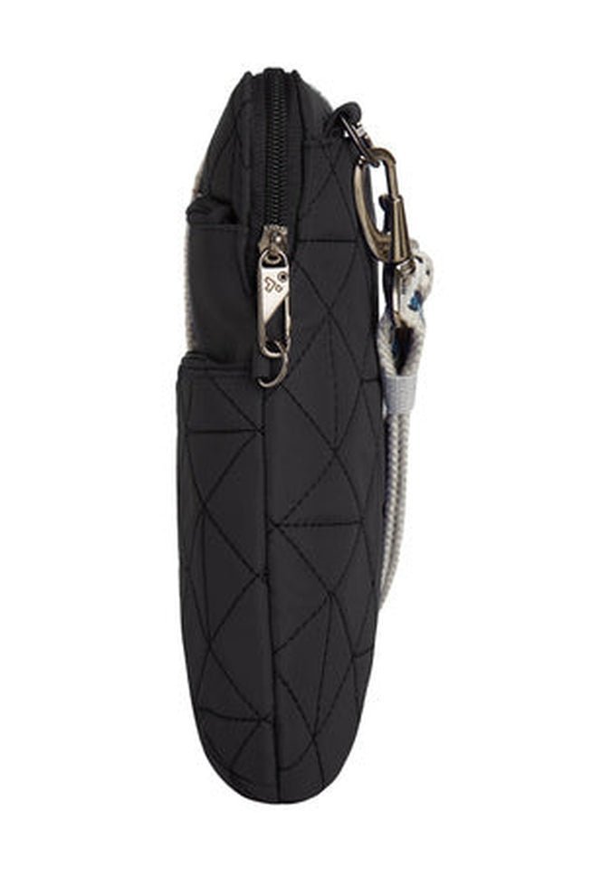 The Travelon Boho Anti-Theft Slim Crossbody, a chic black quilted pouch featuring a zipper, side pocket, and metal clip for easy attachment, is designed with advanced anti-theft features to keep your essentials secure while you're on the move.