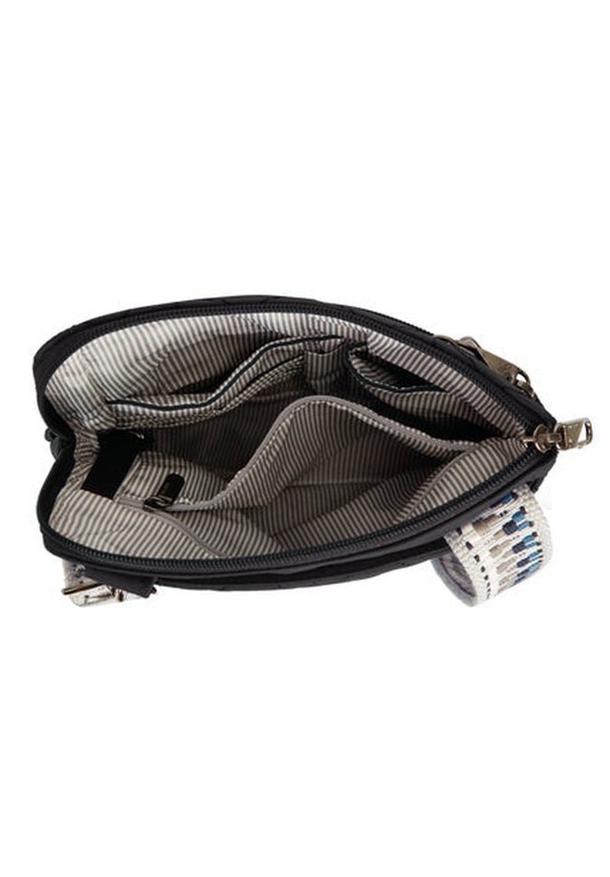 Check out the Travelon Boho Anti-Theft Slim Crossbody, featuring a black and white striped design, multiple compartments, anti-theft protection, and a convenient side handle.