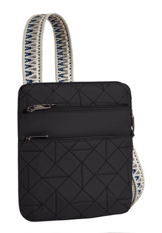 Explore the boho charm of Travelon's Boho Anti-Theft Slim Crossbody. In a sleek black color, it boasts two front zipper pockets and an adjustable strap with a striking white and blue pattern. Enjoy peace of mind with its RFID blocking organizer and advanced 5-Point Anti-Theft security system.