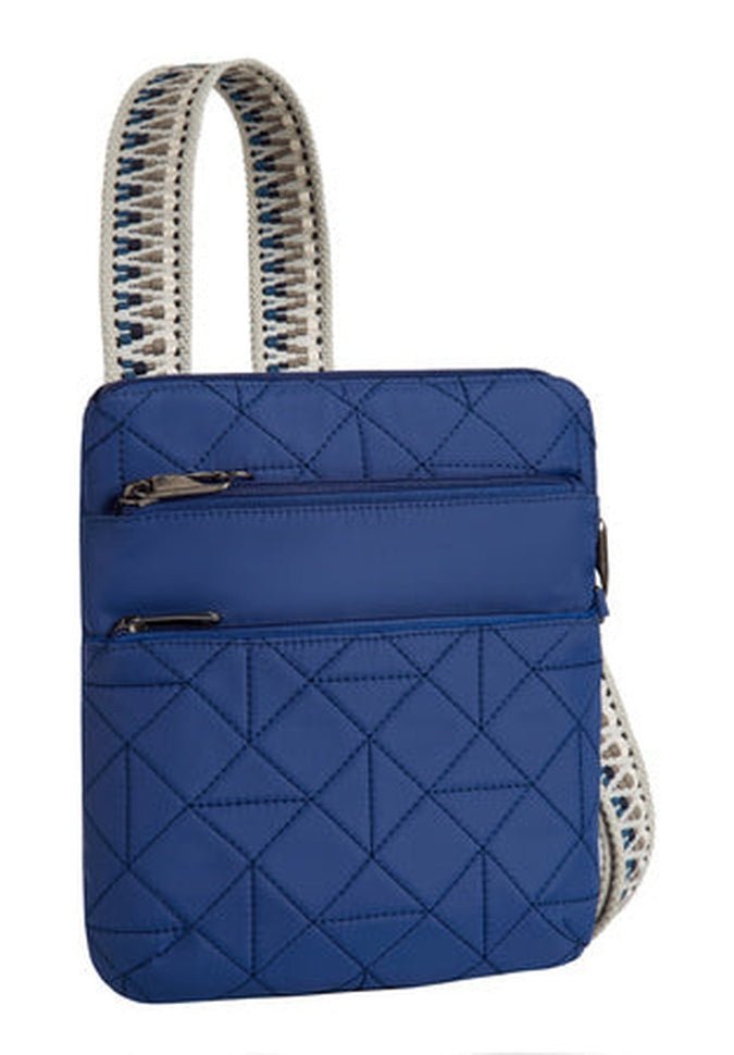 The Travelon Boho Anti-Theft Slim Crossbody, by the brand Travelon, is a quilted crossbody bag in lush blue. It features two zippered pockets and an adjustable patterned strap. The bag includes an RFID blocking organizer to keep all your essentials secure.