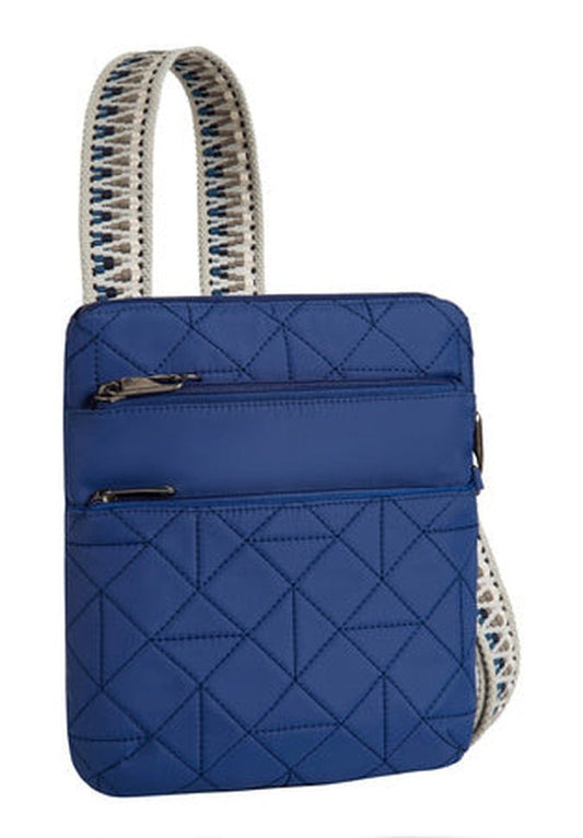 Product Image – The Travelon Boho Anti-Theft Slim Crossbody, by the brand Travelon, is a quilted crossbody bag in lush blue. It features two zippered pockets and an adjustable patterned strap. The bag includes an RFID blocking organizer to keep all your essentials secure.