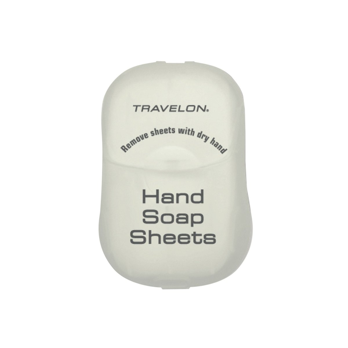 A container labeled "Travelon Hand Soap Toiletry Sheets" with instructions to remove sheets with a dry hand.