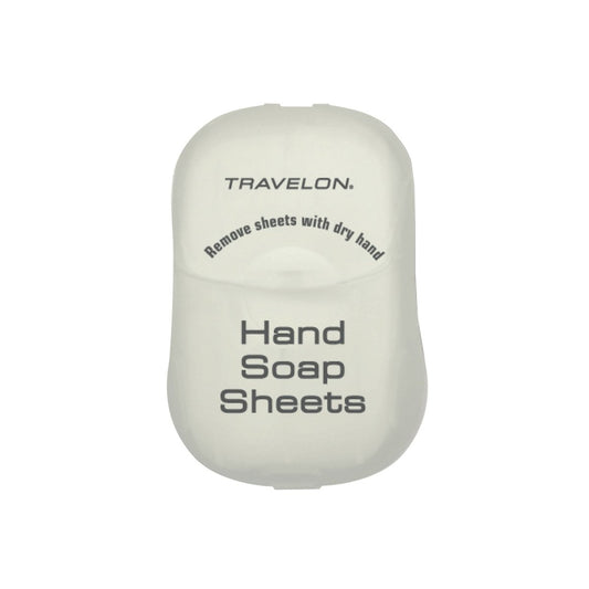 Product Image – A container labeled "Travelon Hand Soap Toiletry Sheets" with instructions to remove sheets with a dry hand.