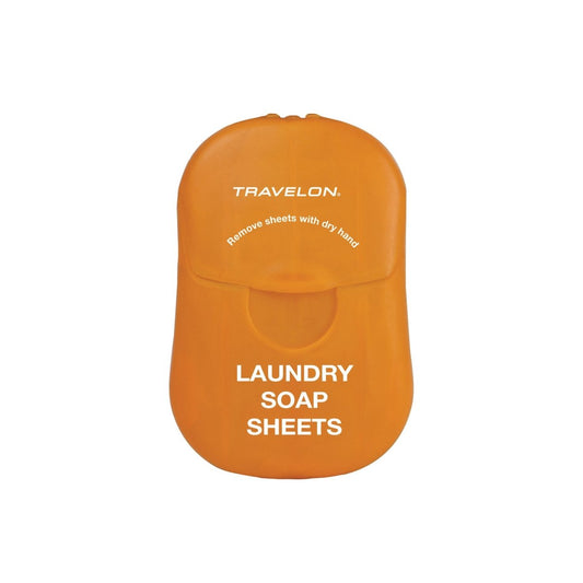 Product Image – Orange container labeled "Travelon Laundry Soap Toiletry Sheets." Text instructs to remove a sheet with a dry hand.