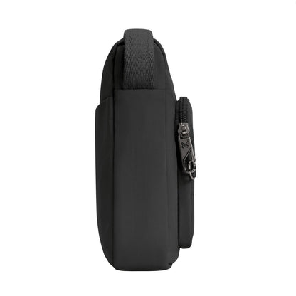 Side view of the black Travelon Roam Anti-theft Crossbody with zipper pocket and padded strap on a white background.