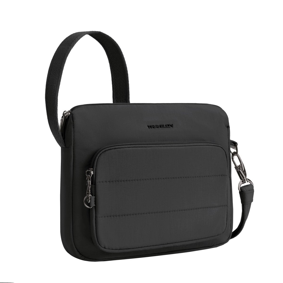 Travelon Roam Crossbody: nylon, front zip pocket, adjustable strap, anti-theft security.
