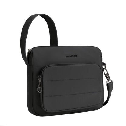 Travelon Roam Crossbody: nylon, front zip pocket, adjustable strap, anti-theft security.
