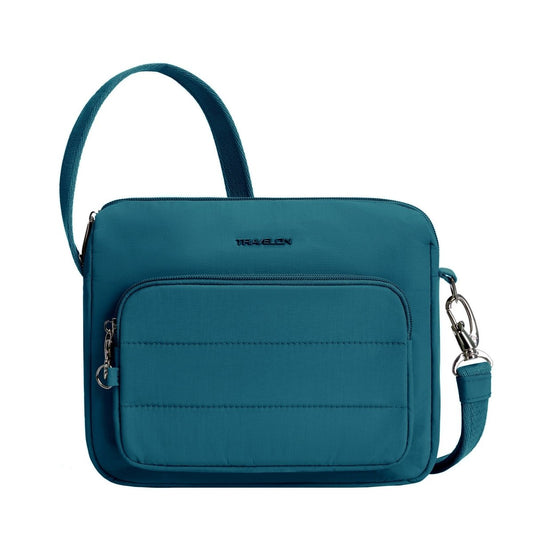Product Image – Travelon Roam Anti-theft EW Crossbody: capri blue, nylon, zip pocket, adjustable strap.
