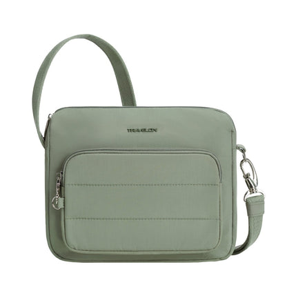 Travelon Roam Anti-theft East/West Crossbody is a moss green bag with front zip pocket and adjustable strap.
