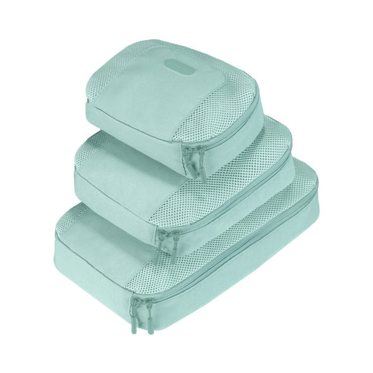 Product Image – The Travelon Set of 3 Packing Cubes, featuring a teal mesh design and stacked in descending size order, are ideal for organized travel. These chic accessories by Travelon keep your belongings neatly divided and easy to locate.