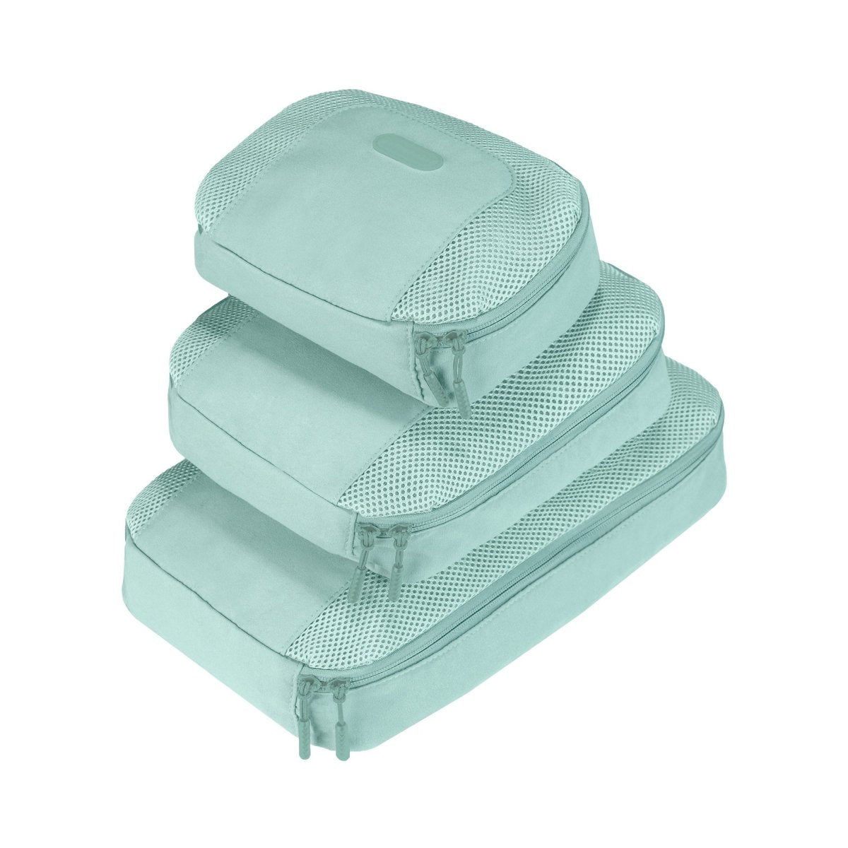 The Travelon Set of 3 Packing Cubes, featuring a teal mesh design and stacked in descending size order, are ideal for organized travel. These chic accessories by Travelon keep your belongings neatly divided and easy to locate.