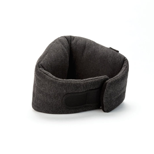 Product Image – The Travelon SOMNiWRAP Travel Pillow, featuring a gray ergonomic wraparound design and a black Velcro strap, provides excellent neck support and is displayed on a white background.