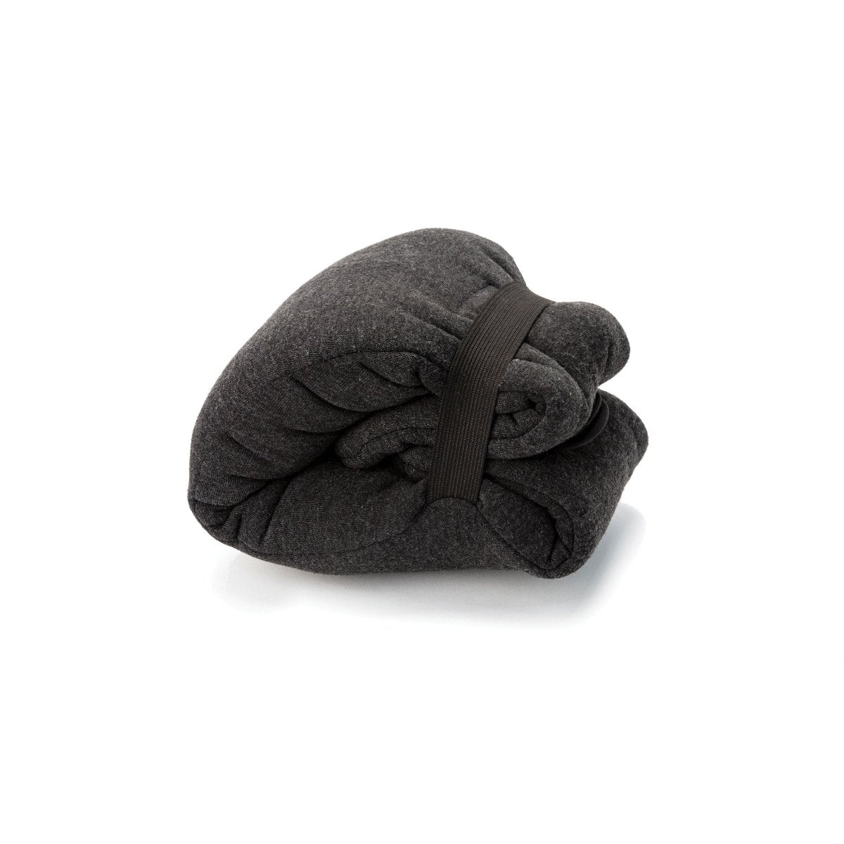 The Travelon SOMNiWRAP Travel Pillow, designed by Travelon, is a rolled-up black fabric item with an ergonomic design, secured with a black elastic band.