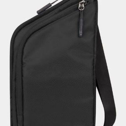 The Travelon World Travel Essentials Slim Crossbody Bag in black, designed by Travelon, offers RFID protection along with multiple zippered compartments and an adjustable strap, making it an essential item for world travel.