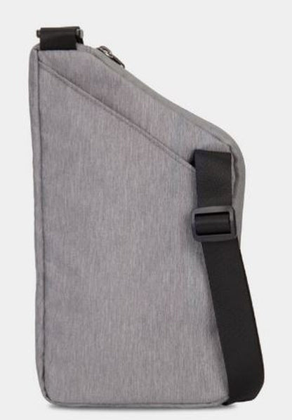 A side view of the gray, rectangular Travelon World Travel Essentials Slim Crossbody Bag showcases its RFID protection, black adjustable strap, and zipper closure—ideal for carrying your essentials while traveling.