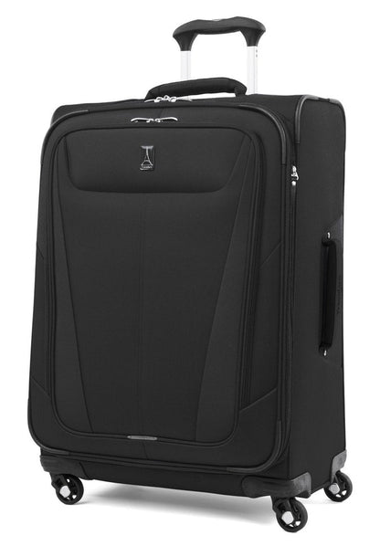 The Travelpro® Maxlite® 5 25" Expandable Spinner in black features a telescopic handle, side handle, front zipper pocket, and four 360° spinner wheels. Plus, it's an expandable suitcase for added packing flexibility.