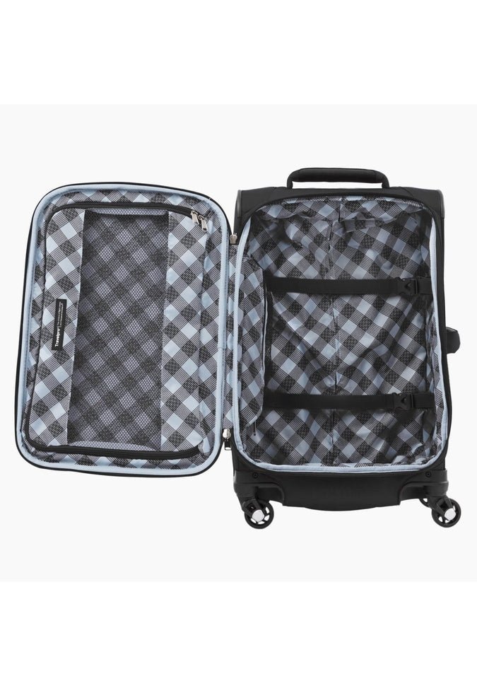 The Travelpro Maxlite 5 25" Expandable Spinner by Travelpro features an open black exterior with a checkered interior, complete with compartments and straps. This suitcase is equipped with 360° spinner wheels to ensure effortless mobility.