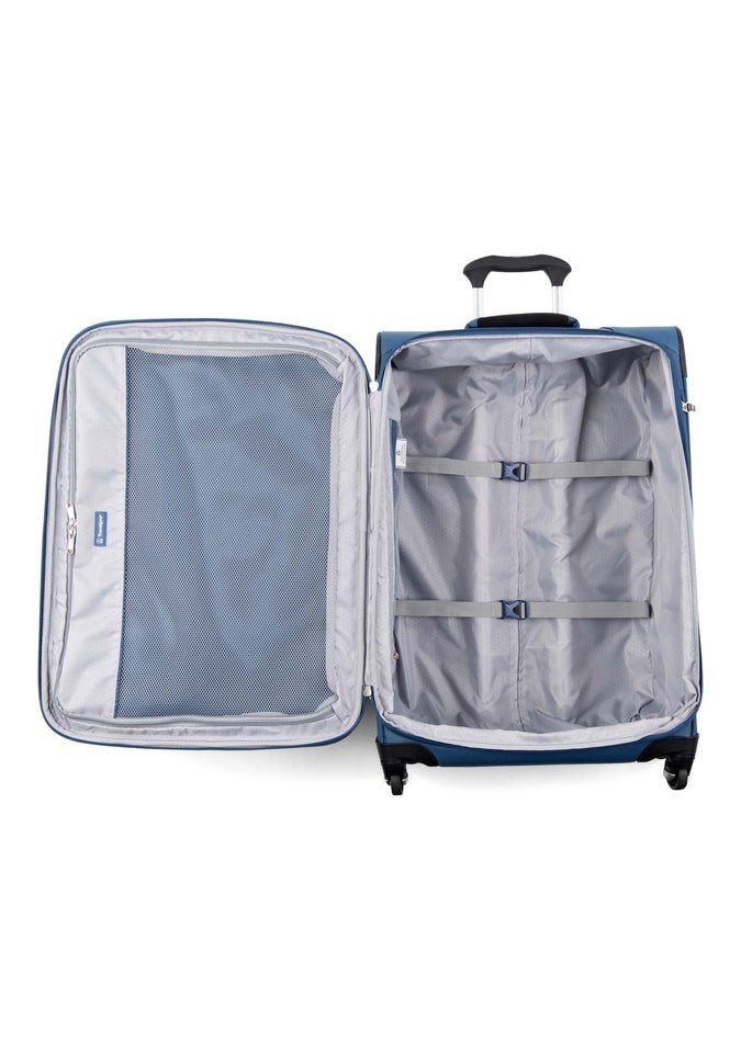 The Travelpro® Maxlite® 5 25" Expandable Spinner in blue offers a spacious interior with straps in the main compartment and a mesh zippered pocket in the lid. It features a PowerScope Lite handle and is expandable for extra packing flexibility, all designed by Travelpro.