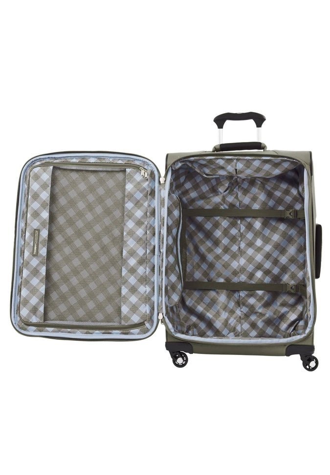 Introducing the Travelpro® Maxlite® 5 25" Expandable Spinner from Travelpro, crafted in a sleek gray finish. The interior boasts a checkered design with a mesh zippered compartment on the left side and secure elastic straps on the right. Designed for utmost convenience, this expandable suitcase features 360° spinner wheels that ensure swift and effortless travel.