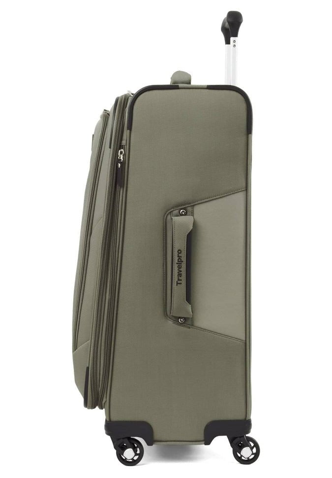 View of the Travelpro® Maxlite® 5 25" Expandable Spinner in gray, showcasing its extended handle and side brand logo, equipped with 360° spinner wheels for seamless mobility.