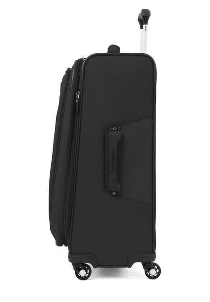 Travelpro Maxlite 5 25" Expandable Spinner, a lightweight black suitcase equipped with 360° spinner wheels and an extended handle for upright standing.