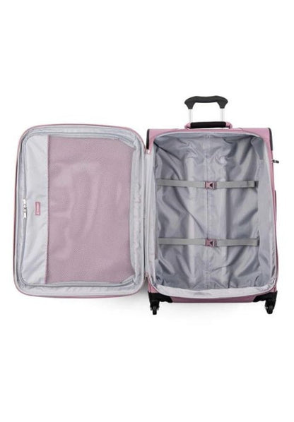 Travelpro® Maxlite® 5 25" Expandable Spinner in pink, featuring a mesh pocket on the left, adjustable straps on the right, and 360° spinner wheels.