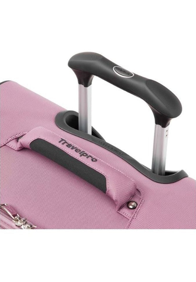 Close-up of the Travelpro® Maxlite® 5 25" Expandable Spinner in pink, featuring a black handle, silver telescopic rods, and 360° spinner wheels for easy maneuverability.