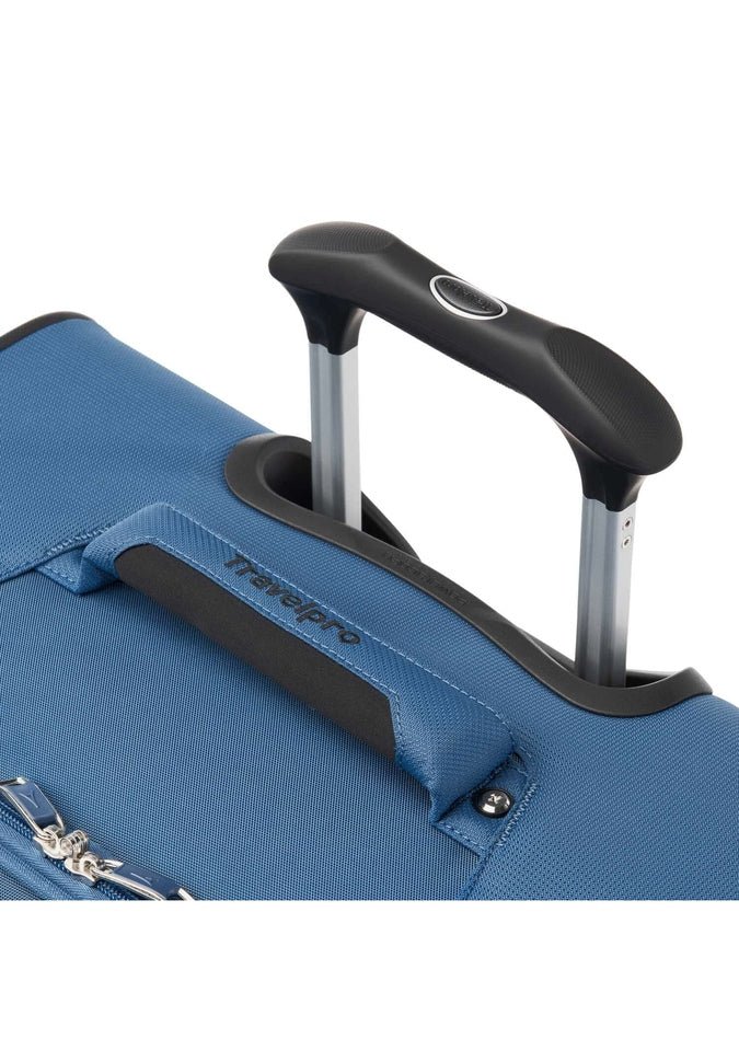 Close-up of the Travelpro® Maxlite® 5 25" Expandable Spinner in blue, featuring a telescopic handle, visible zipper compartment, and 360° spinner wheels for effortless maneuverability.