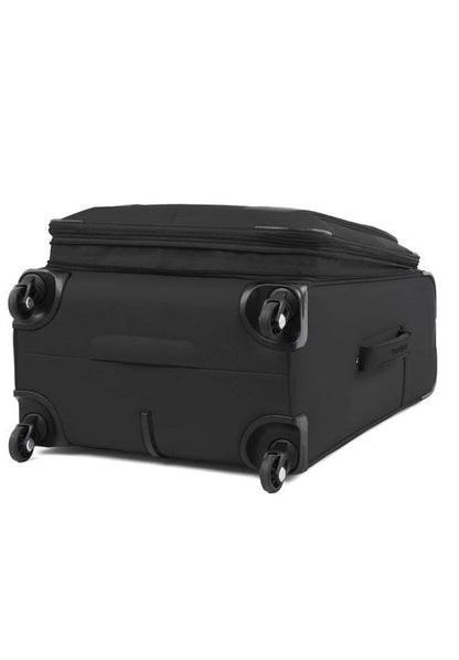 The Travelpro® Maxlite® 5 25" Expandable Spinner by Travelpro is elegantly designed in black, featuring 360° spinner wheels and a side handle for easy maneuverability.