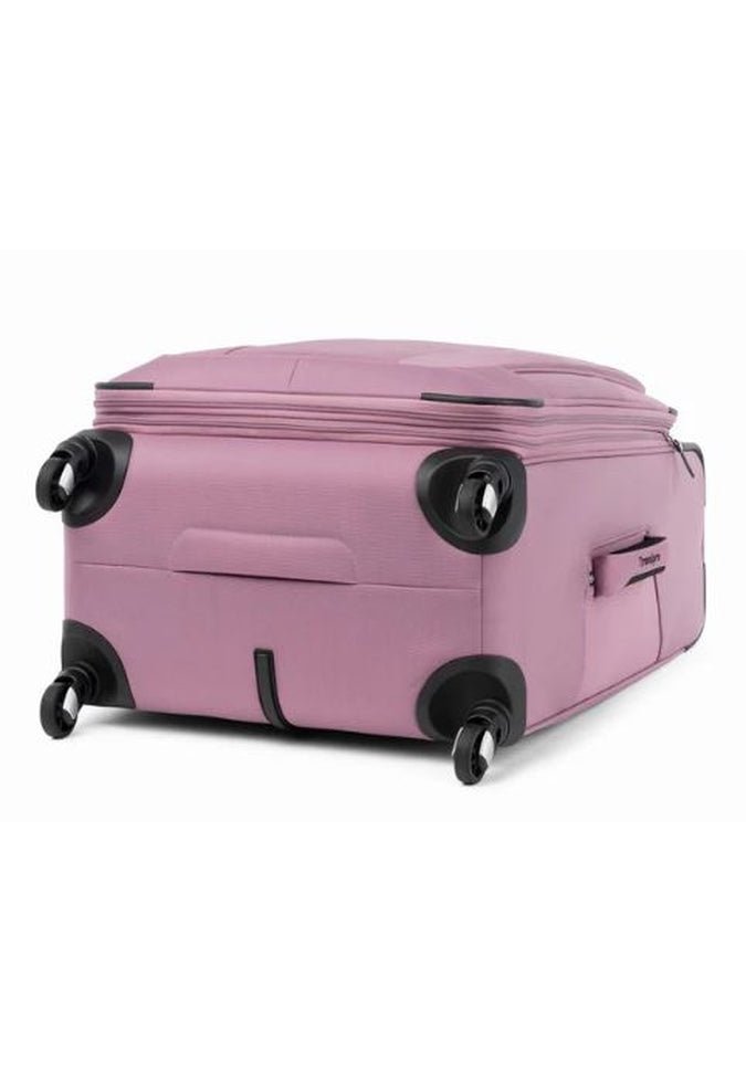 The Travelpro® Maxlite® 5 25" Expandable Spinner, in an attractive pink color, is positioned on its side. It features four elegant black 360° spinner wheels and a convenient front zipper pocket.