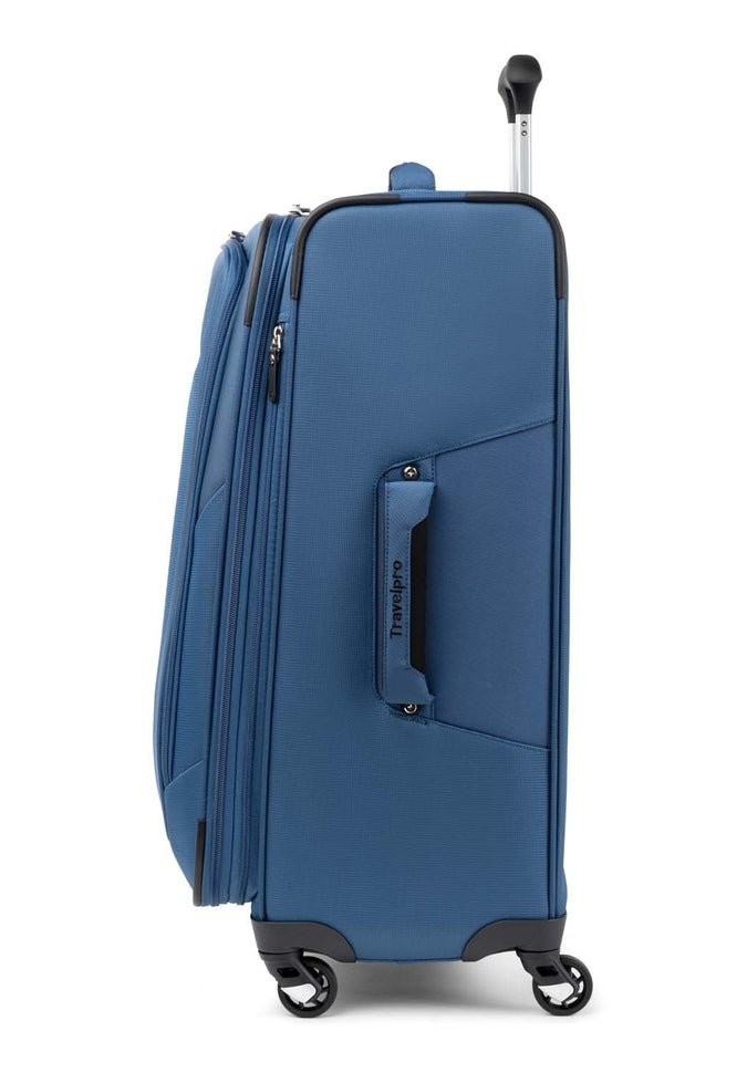 Side view of the Travelpro® Maxlite® 5 25" Expandable Spinner in blue, featuring a PowerScope Lite handle and four wheels. This design includes expandable capacity for extra packing space as needed.