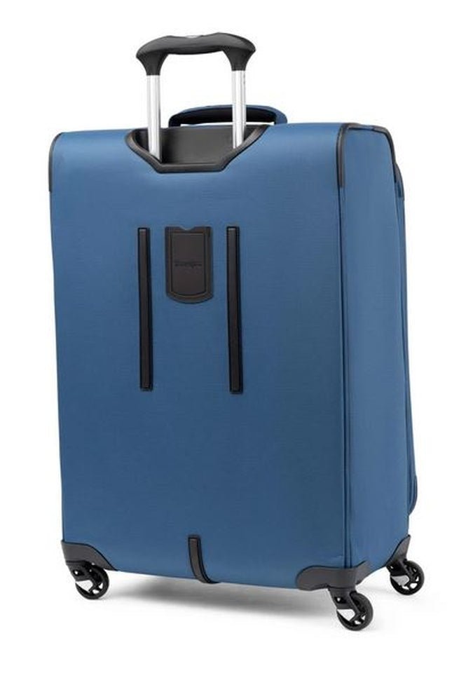 A blue Travelpro® Maxlite® 5 25" Expandable Spinner suitcase with black trim and four wheels, equipped with a PowerScope Lite telescopic handle.