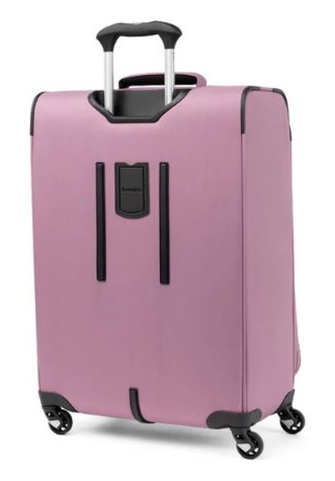 The Travelpro® Maxlite® 5 25" Expandable Spinner by Travelpro is a spacious pink suitcase with black accents. It includes a retractable handle and 360° spinner wheels for easy maneuverability, making it an ideal choice for those seeking lightweight, expandable luggage without sacrificing style or functionality.