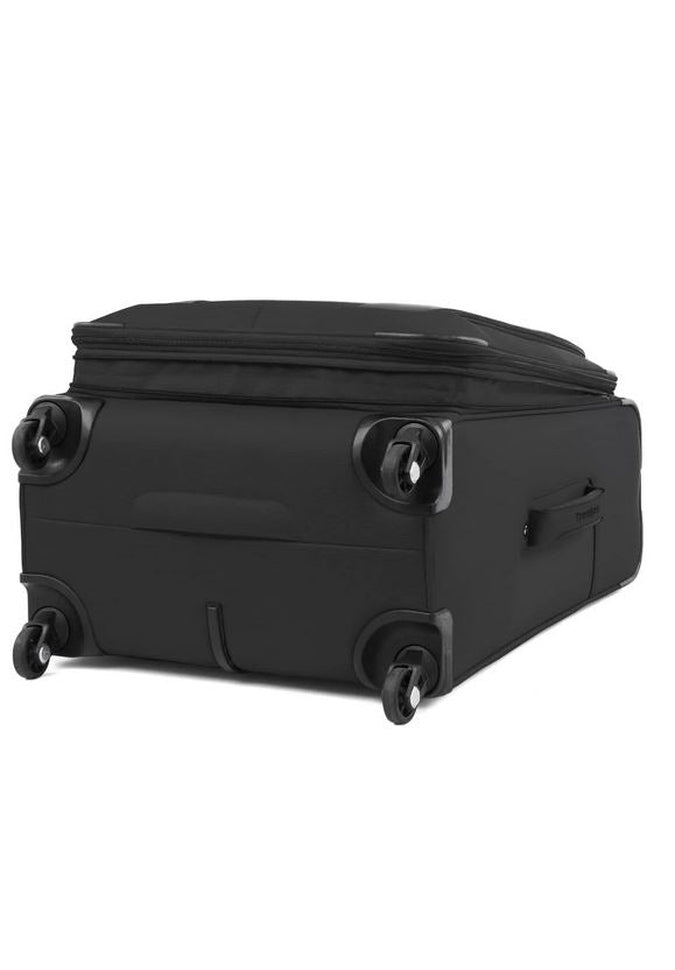 The Travelpro® Maxlite® 5 25" Expandable Spinner by Travelpro is elegantly designed in black, featuring 360° spinner wheels and a side handle for easy maneuverability.