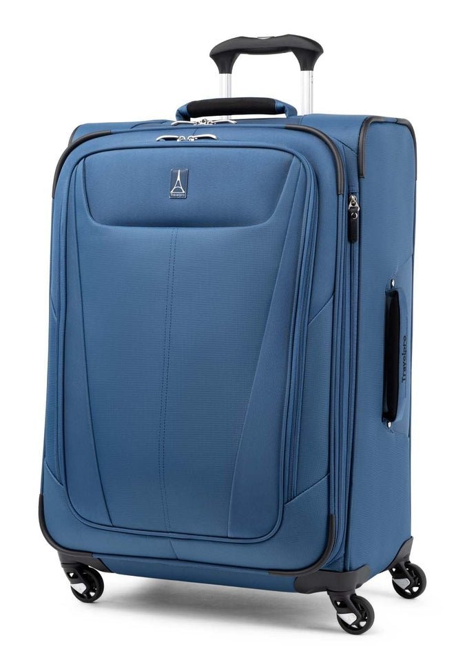 The Travelpro® Maxlite® 5 25" Expandable Spinner in Ensign Blue features a telescopic handle and four 360° spinner wheels, ensuring smooth maneuverability. This spacious suitcase is perfect for all your travel essentials, offering expandable packing capacity.