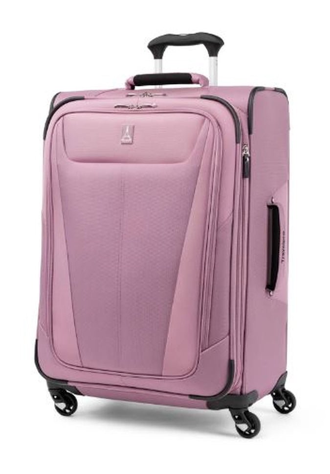 A Travelpro® Maxlite® 5 25" Expandable Spinner suitcase in orchid with black handles and four 360° spinner wheels, standing upright. This Travelpro suitcase features a front zip pocket and is slightly raised on a white background.