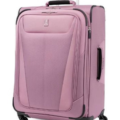 A Travelpro® Maxlite® 5 25" Expandable Spinner suitcase in orchid with black handles and four 360° spinner wheels, standing upright. This Travelpro suitcase features a front zip pocket and is slightly raised on a white background.