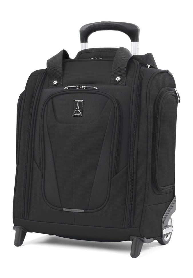 The Travelpro® Maxlite® 5 Rolling Underseat in black features an extended handle, inline skate wheels, multiple zippered compartments, and a padded laptop sleeve.