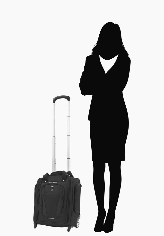 Silhouette of a woman standing with arms crossed next to her Travelpro® Maxlite® 5 Rolling Underseat Carry-On, equipped with inline skate wheels and a padded laptop sleeve from Travelpro.