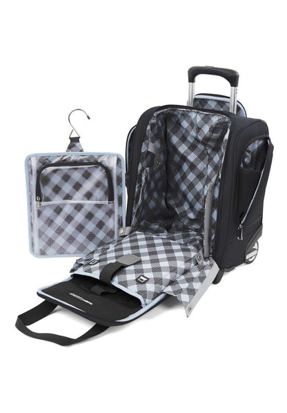 The Travelpro® Maxlite® 5 Rolling Underseat suitcase by Travelpro is shown fully opened with a checked interior design, featuring a hanging checked toiletry bag attached to the open lid.