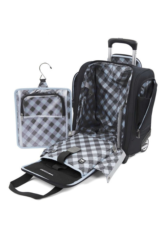 Product Image – The Travelpro® Maxlite® 5 Rolling Underseat suitcase by Travelpro is shown fully opened with a checked interior design, featuring a hanging checked toiletry bag attached to the open lid.