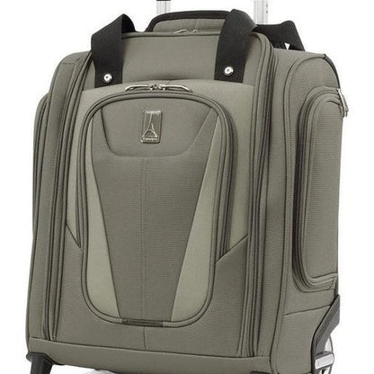 The Travelpro® Maxlite® 5 Rolling Underseat by Travelpro in slate green is an underseat carry-on suitcase featuring multiple zippered compartments, a padded laptop sleeve, inline skate wheels, and a retractable handle.