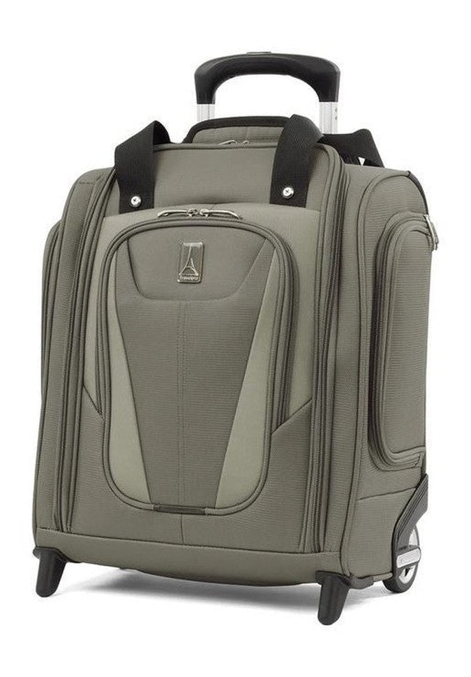 The Travelpro® Maxlite® 5 Rolling Underseat by Travelpro in slate green is an underseat carry-on suitcase featuring multiple zippered compartments, a padded laptop sleeve, inline skate wheels, and a retractable handle.