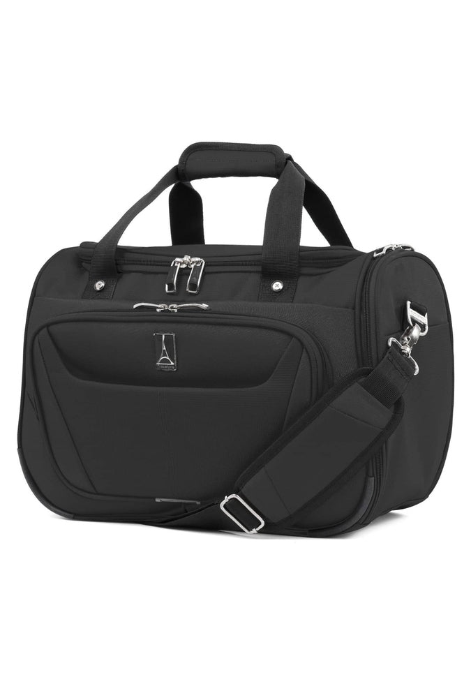 The Travelpro® Maxlite® 5 Soft Tote is a compact travel bag in black that features multiple zippered compartments, dual handles, and an adjustable shoulder strap, making it perfect as an under-seat carry-on.