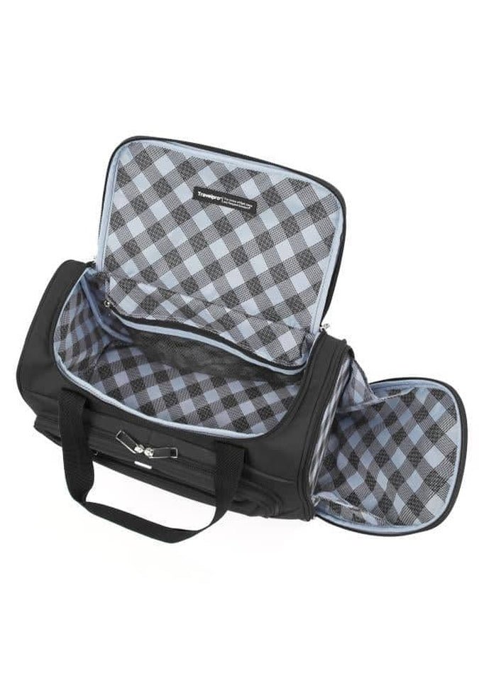 An opened Travelpro® Maxlite® 5 Soft Tote in black, featuring a blue and white plaid interior pattern, reveals its main compartment and two side pockets. This compact travel bag conveniently doubles as an under-seat carry-on, making it the perfect companion for your journeys.